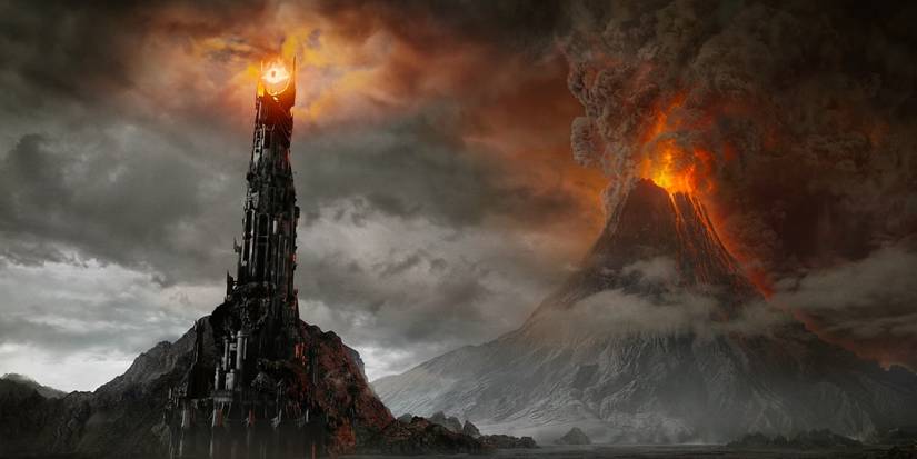 The tower of Barad-dûr in Mordor in front of Mount Doom in The Lord of the Rings: The Two Towers