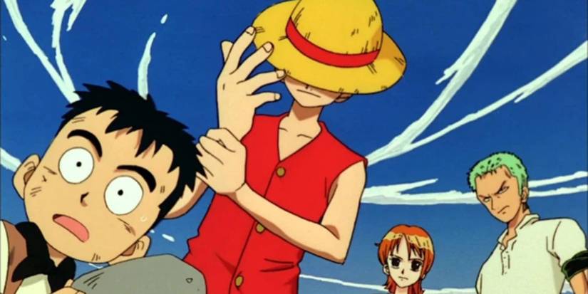 Luffy with his hat down getting ready for battle with his crew in One Piece: The Movie