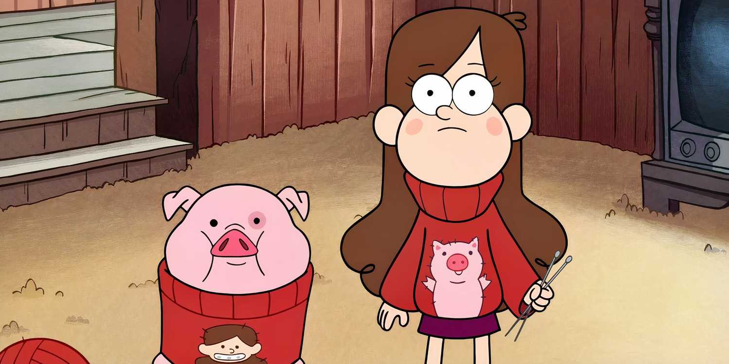 Mabel Pines standing with a serious expression, with a pig in a sweater at her side in the show Gravity Falls.