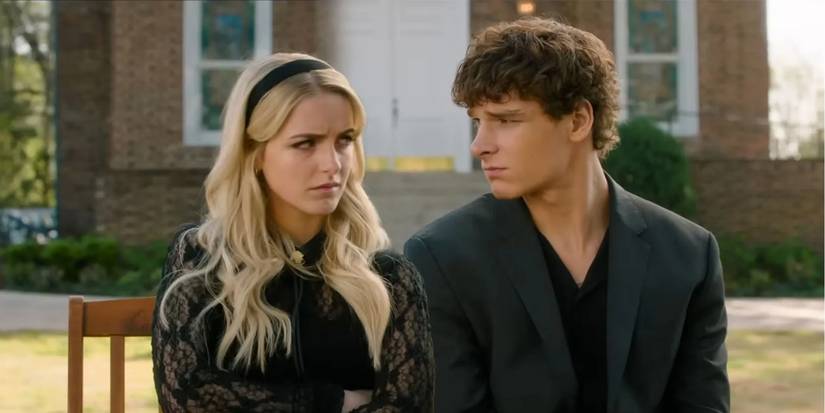 McKenna Grace duduk di samping Mason Thames di bangku di luar gereja di 'Regretting You'.