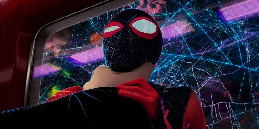 Miles Morales being held and choked against a window by Kingpin in a subway in Spider-Man: Into the Spider-Verse