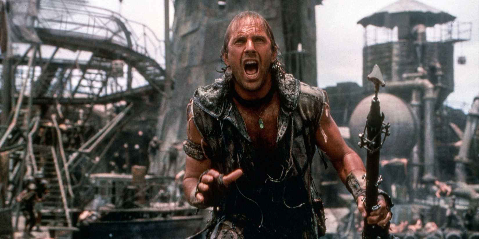 Kevin Costner yelling toward the camera in Waterworld