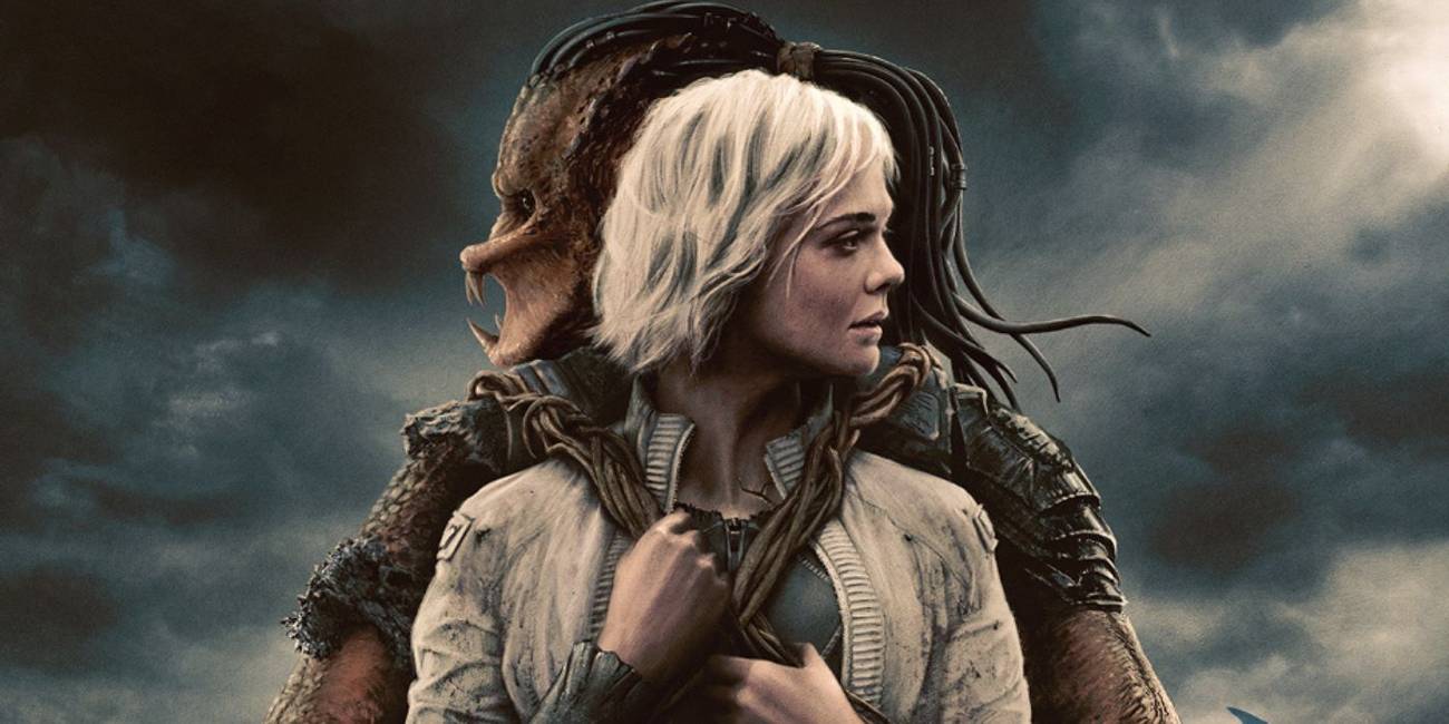 Elle Fanning as Thia riding on the back of Dek (Dimitrius Schuster-Koloamatangi) on the set of Predator: Badlands.