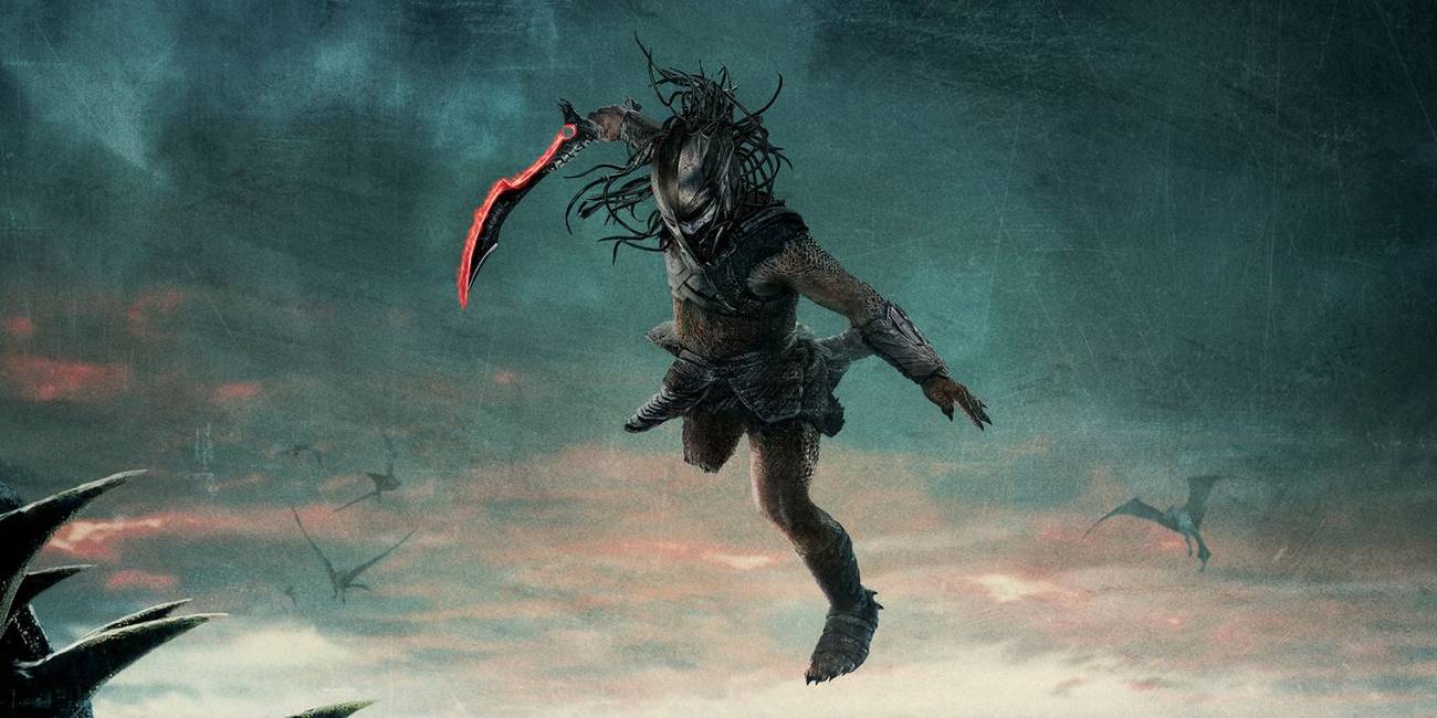 Dek (Dimitrius Schuster-Koloamatangi) jumping with his sword on the poster for Predator: Badlands.
