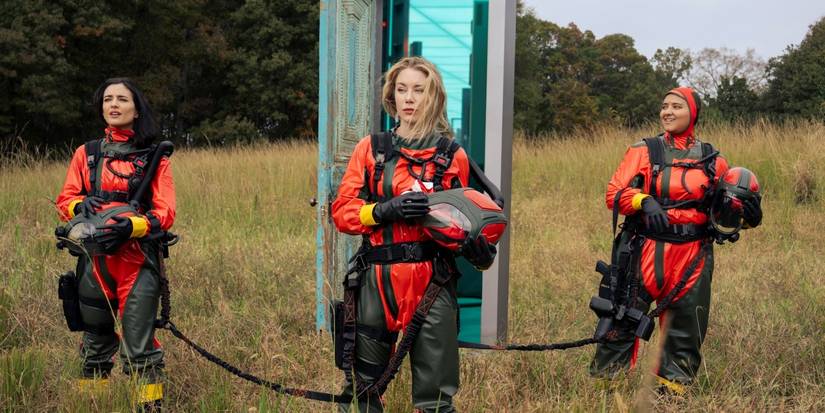 Jennifer Holland, Sol Rodriguez and Anissa Matlock checking another dimension in Peacemaker Season 2