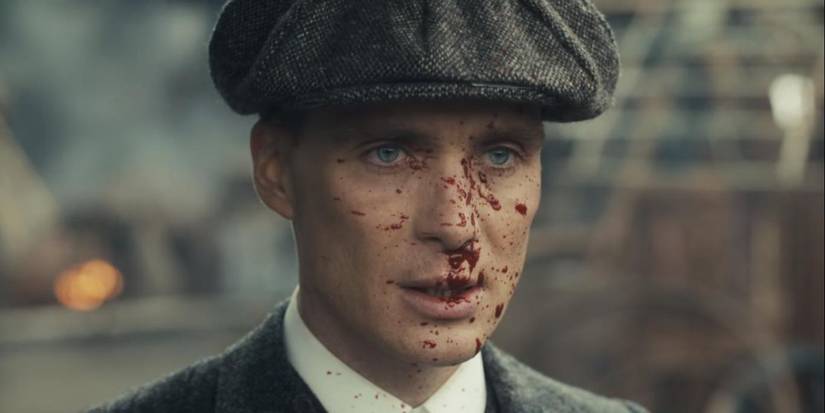 Tommy Shelby (Cillian Murphy) with blood splattered on his face in the series premiere of Peaky Blinders.