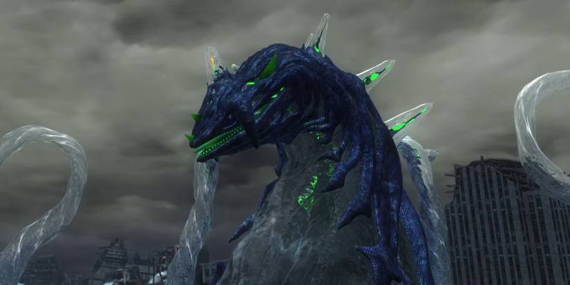 Perfect Chaos with its eyes closed in a destroyed city in Sonic Generations