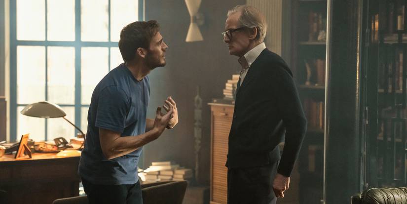 Sam Claflin as Laz arguing with Bill Nighy as Dr. Jonathan Lazrus in his office in Harlan Coben's Lazarus