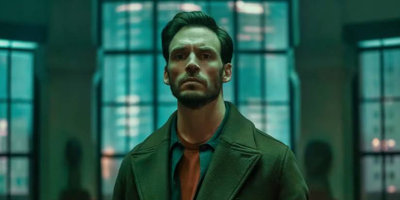 Sam Claflin as Laz looking concerned in his father's office in Harlan Coben's Lazarus