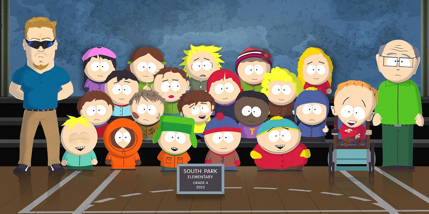 Kenny, Cartman, Kyle, and Stan and others in South park