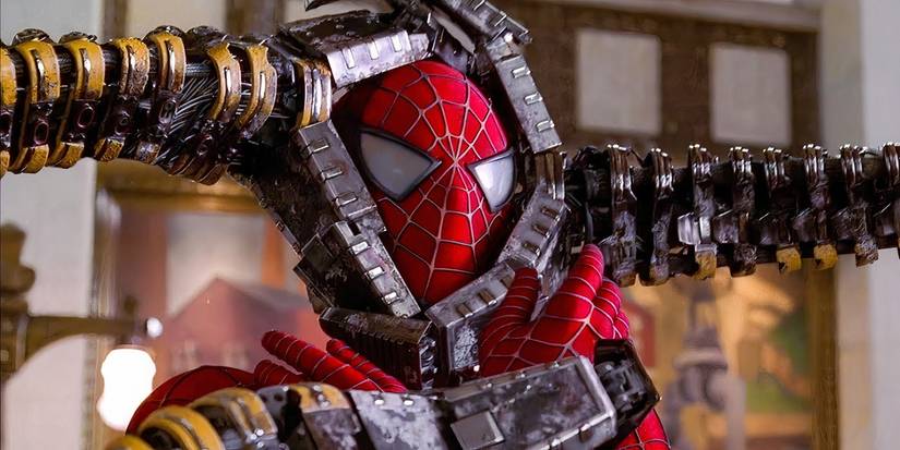Spider-Man trapped by Doc Ock's arms in Spider-Man 2