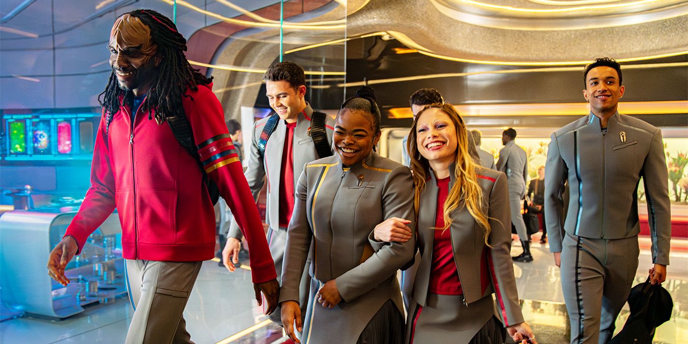 Jay-Den, Darem, Sam, Genesis and Sam smiling and walking together in their Starfleet uniforms.