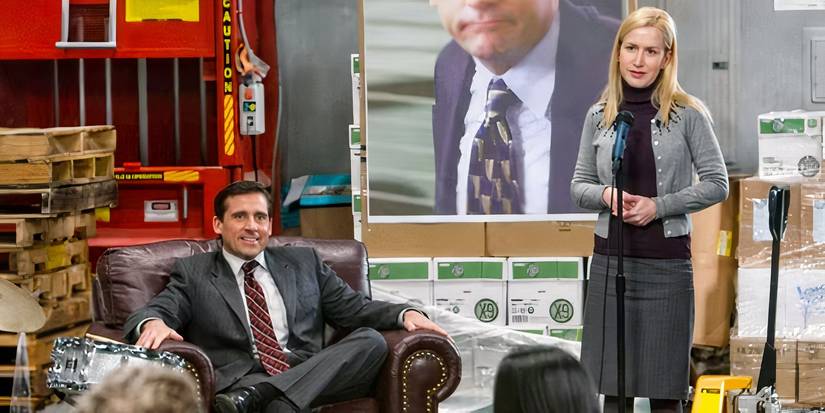 Angela (Angela Kinsey) roasting Michael Scott (Steve Carell) in 'The Office' episode "Stress Relief"