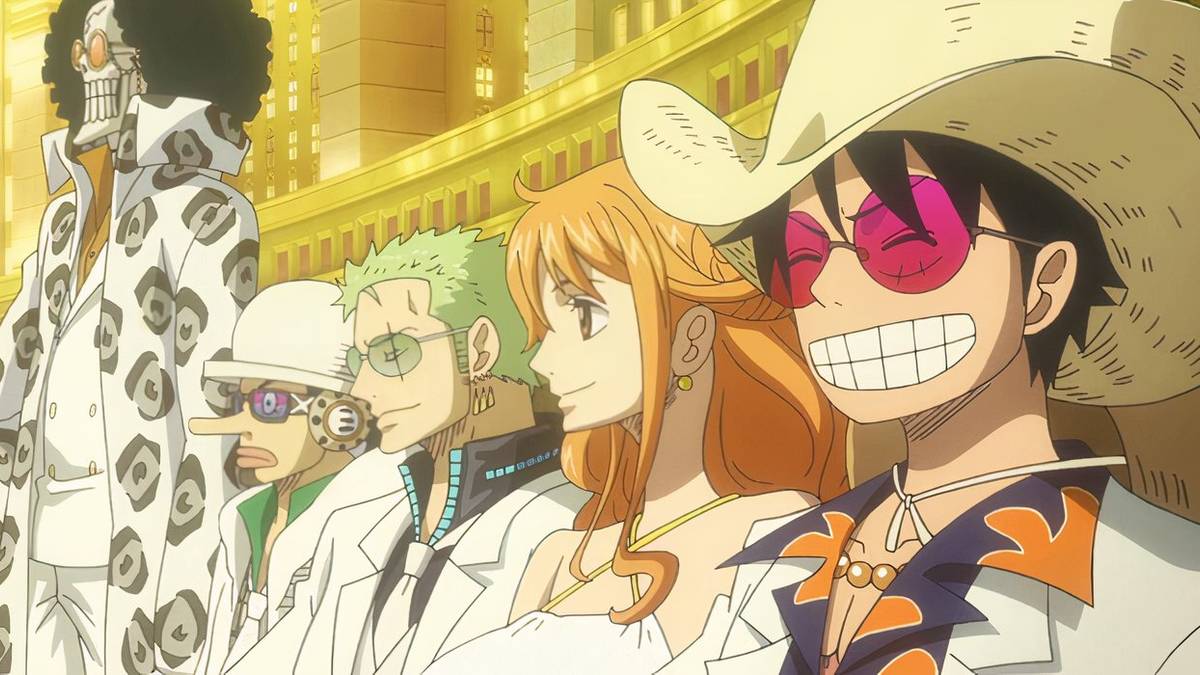 The Straw Hat crew standing together, dressed fancy in a casino in One Piece Film: GOLD