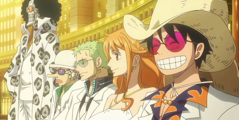 The Straw Hat crew standing together, dressed fancy in a casino in One Piece Film: GOLD.