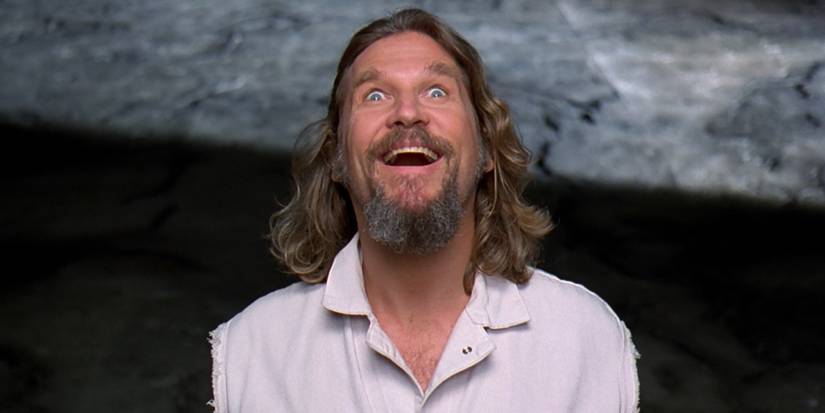 Jeff Bridges as The Dude looking upward and slightly deranged during a dream sequence in The Big Lebowski (1998)