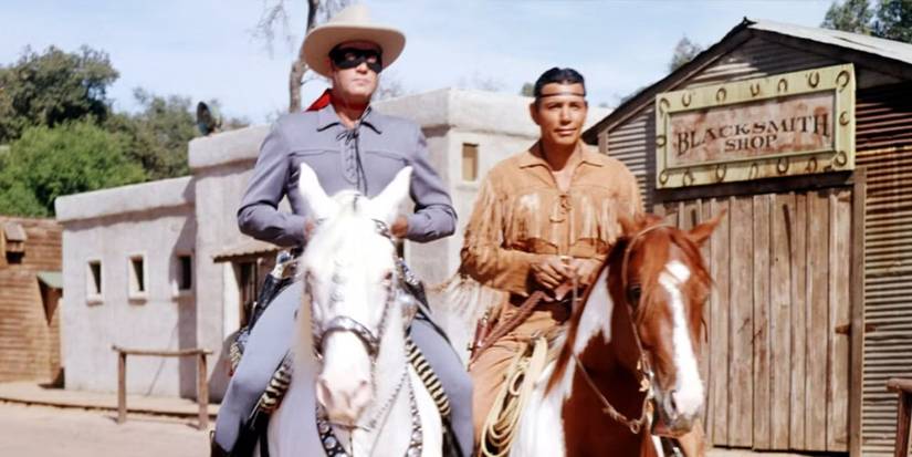 The Lone Ranger and Tonto riding on a horse in The Lone Ranger TV series.
