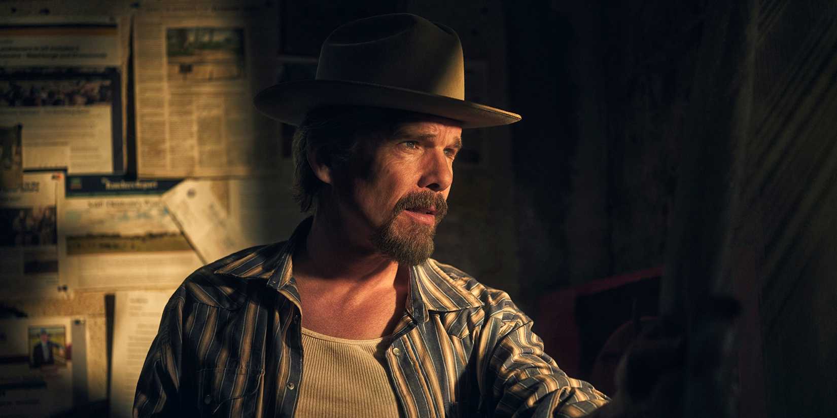 Ethan Hawke as Lee Raybon looking off to the left while in shadow in The Lowdown