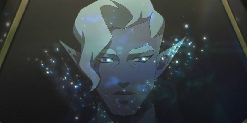 Close-up of a mysterious blonde character with pointed ears with glittering magic around them in Season 1.