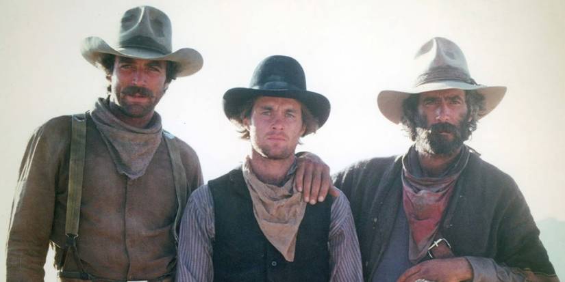 Tom Selleck as Orrin Sackett, Jeff Osterhage as Tyrel Sackett, and Sam Elliott as Tell Sackett in 'The Sacketts'