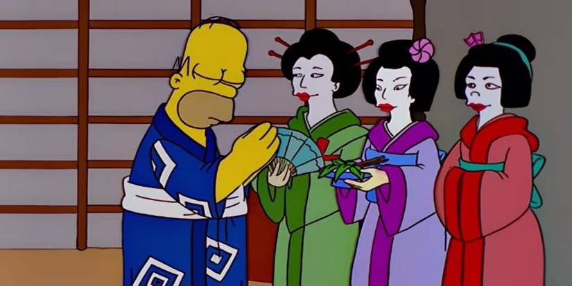 Homer bowing to Japanese women in 'The Simpsons' Season 10 Episode 23 "Thirty Minutes over Tokyo"