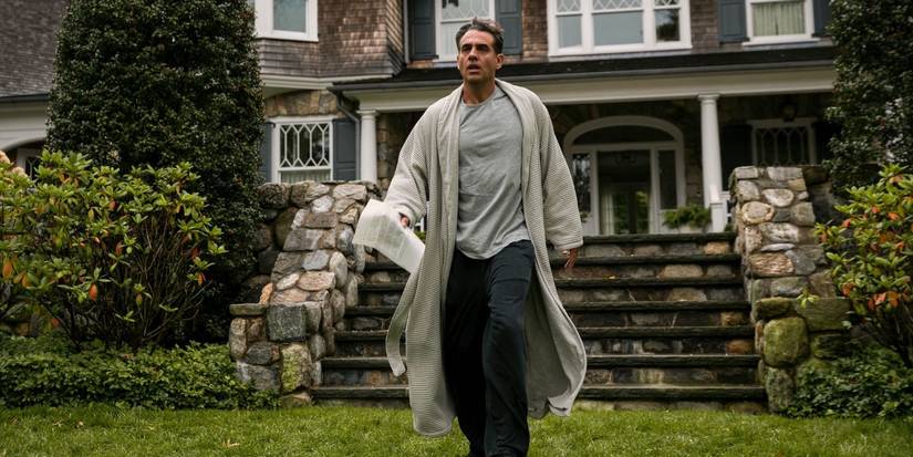 Dean Brannock (Bobby Cavanale) outside in his robe in 'The Watcher'.