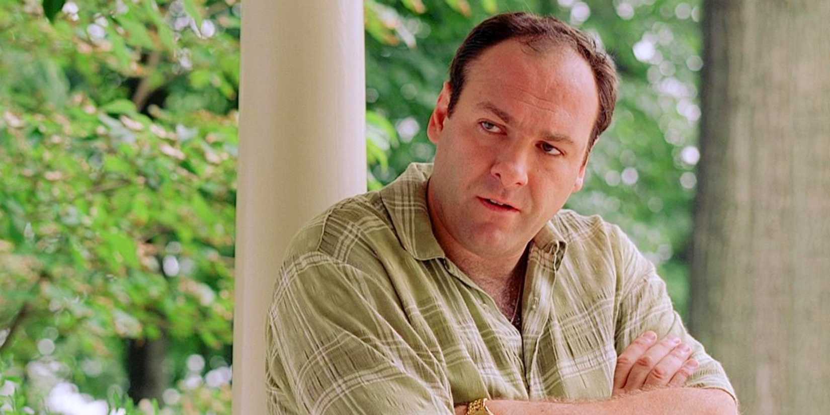 James Gandolfini as Tony Soprano looking to the side with arms crossed in the pilot episode of the Sopranos.