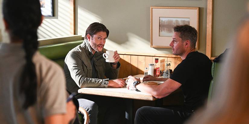 Jensen Ackles and Justin Hartley as Russell and Colter Shaw have breakfast in a diner