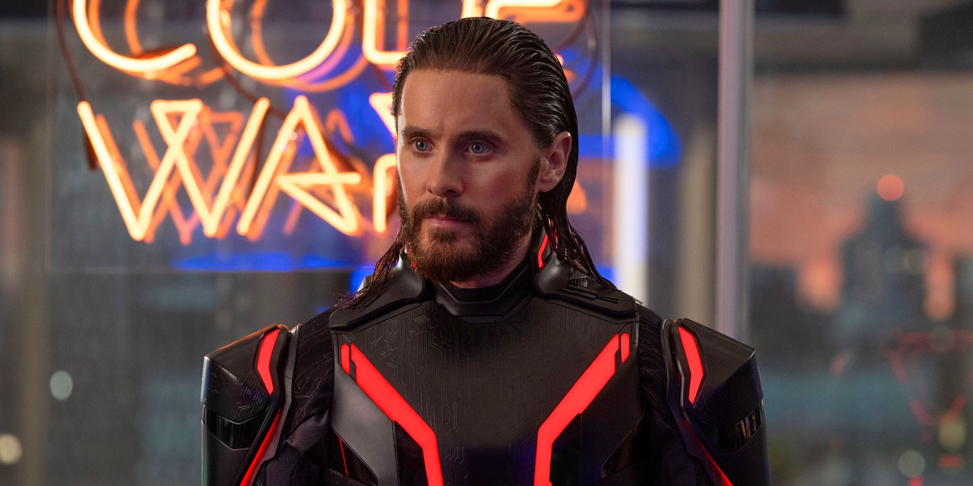 Jared Leto as Ares in his neon gear in Tron: Ares
