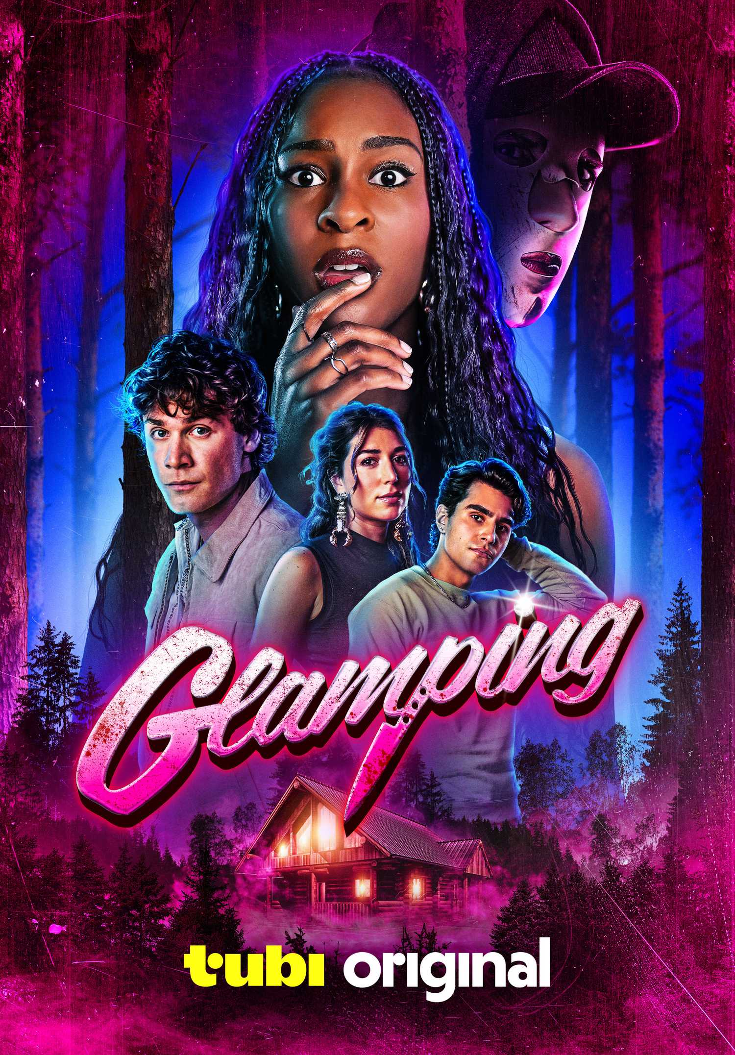 Rosemary Idisi and her friends cower in fear in the poster for Tubi's original film, 'Glamping'