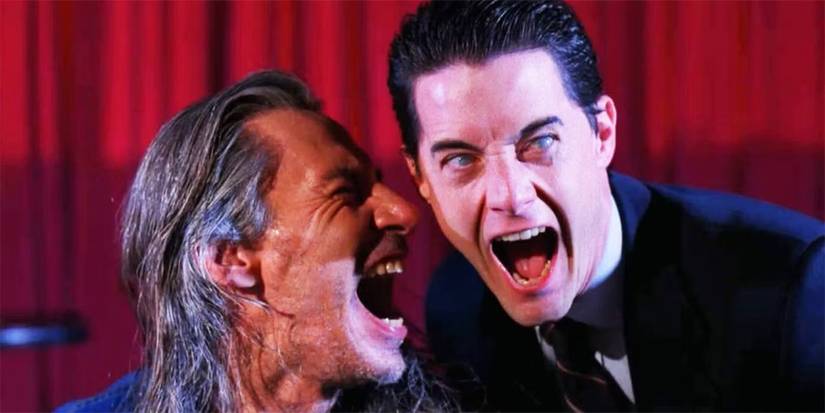 Kyle MacLachlan as Dale Cooper possessed by Bob (Frank Silva) screaming in a red room in Twin Peaks.