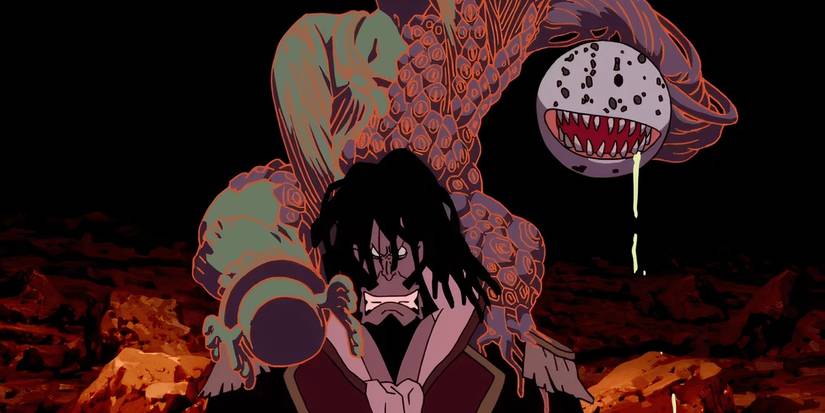 The villain of One Piece: Baron Omatsuri and the Secret Island standing with an evil plant around him