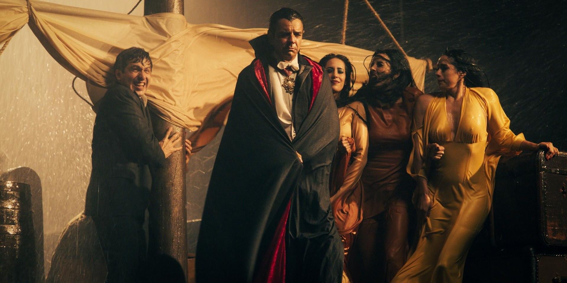 Jerry Velázquez and Eugenio Derbez as Renfield and Dracula sailing on the Demeter with Dracula's wives in 'Y Llegaron De Noche'