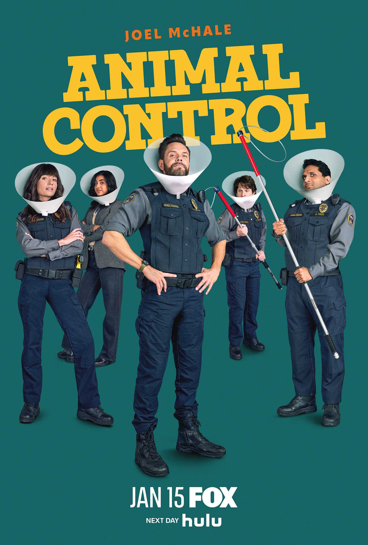 The Animal Control cast wearing cones and wielding catch poles on the poster for Season 4