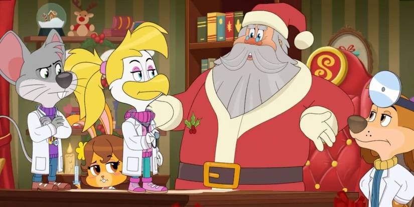 Chuck E. Cheese and his gang examining a grumpy Santa in A Chuck E. Cheese Christmas