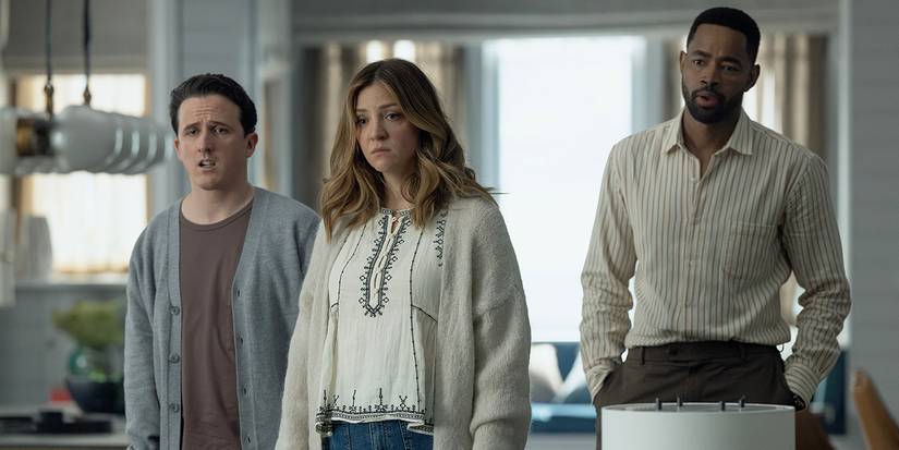 Daniel Monks, Abby Elliott, and Jay Ellis standing together in All Her Fault