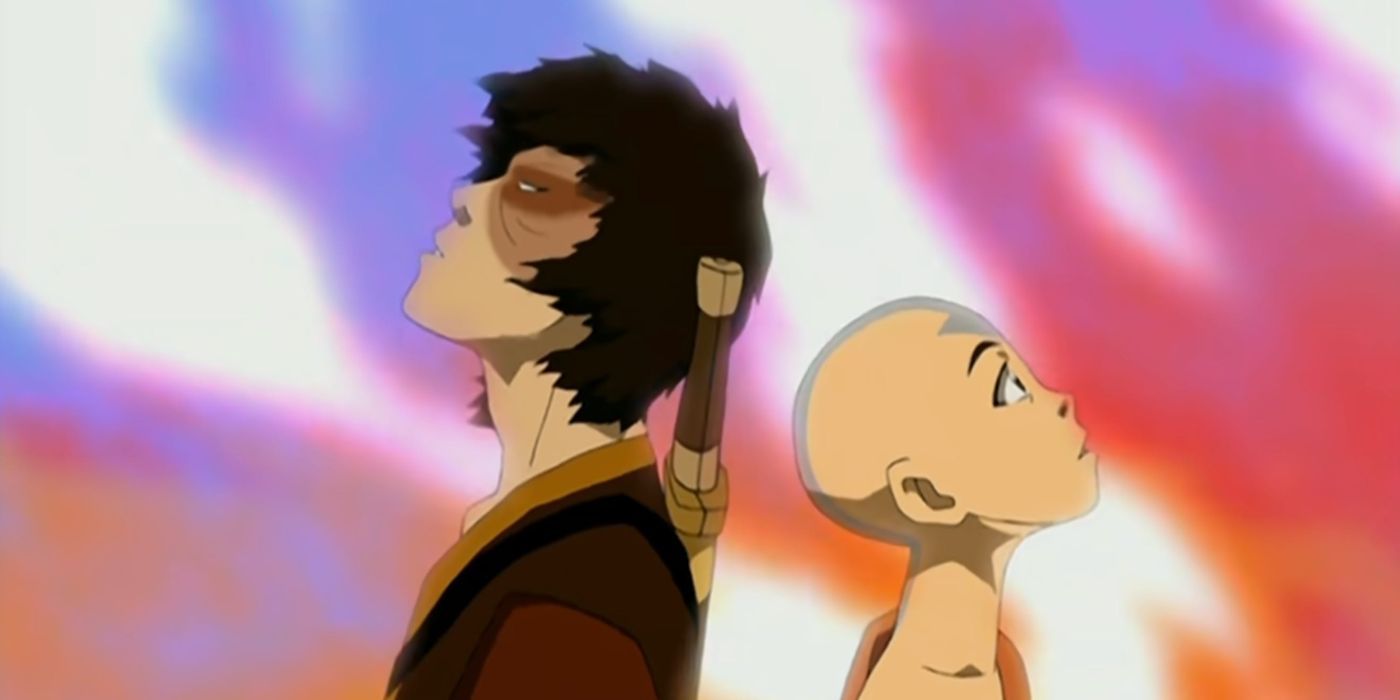 Zuko and Aang surrounded by colorful fire in 'Avatar: The Last Airbender' Season 3's "The Firebending Masters"