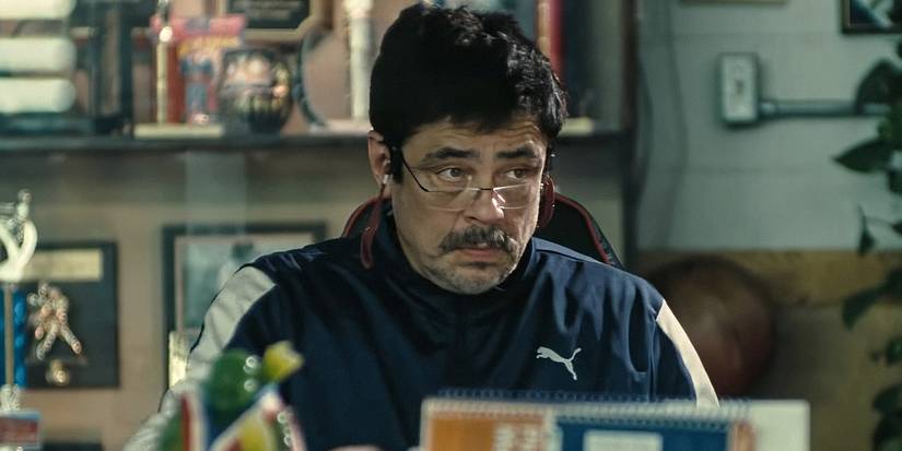 Benicio del Toro looking unimpressed in One Battle After Another