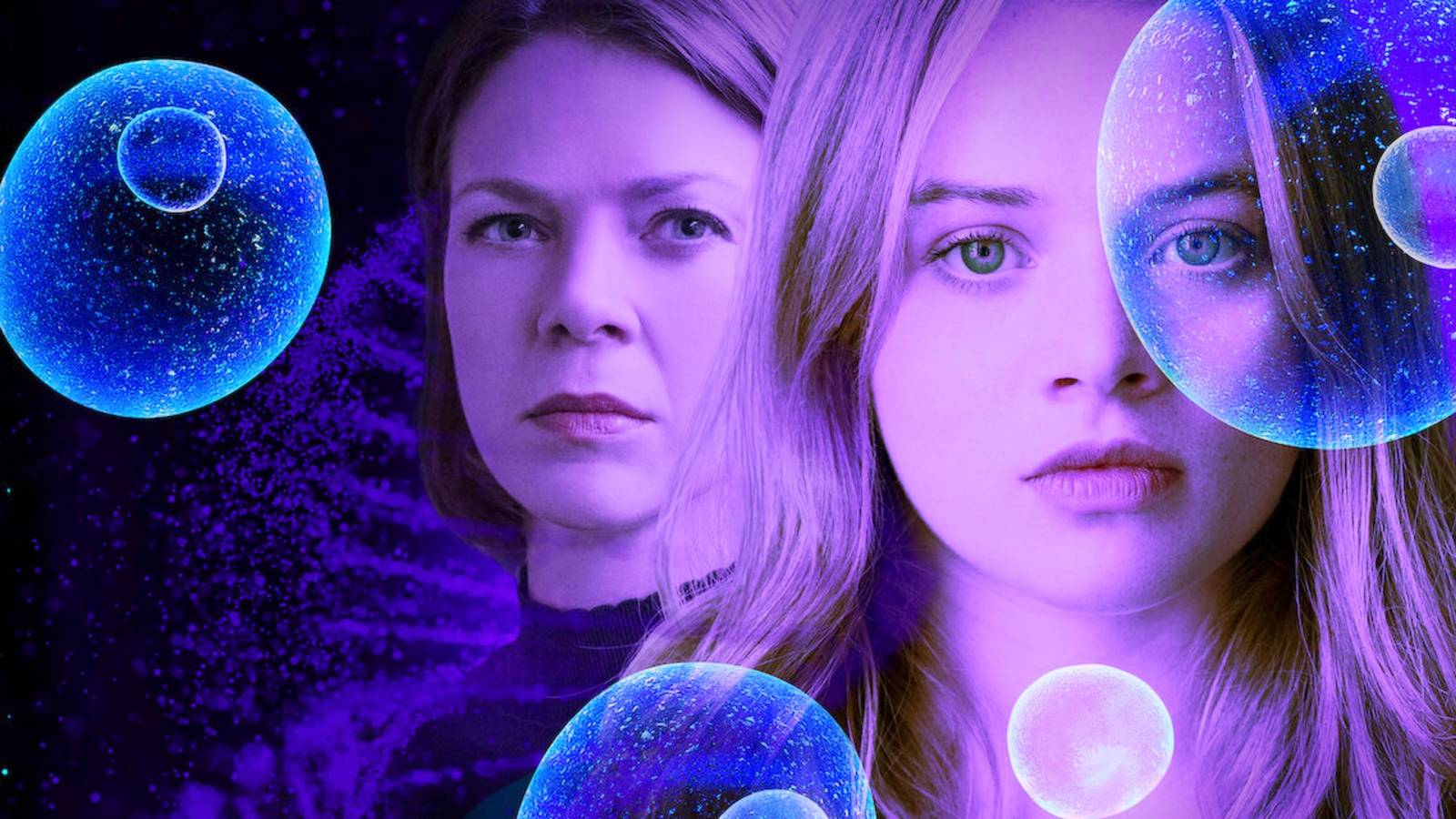 The promo poster for Biohackers: Mia Akerlund standing in front of Tanja Lorenz, both tinted in purple and blue with bubbles floating around them