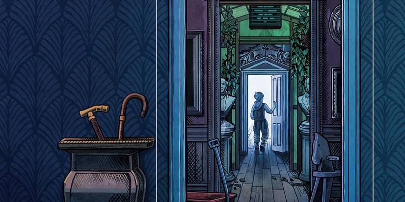 A boy walking out of the door in Blue Prince