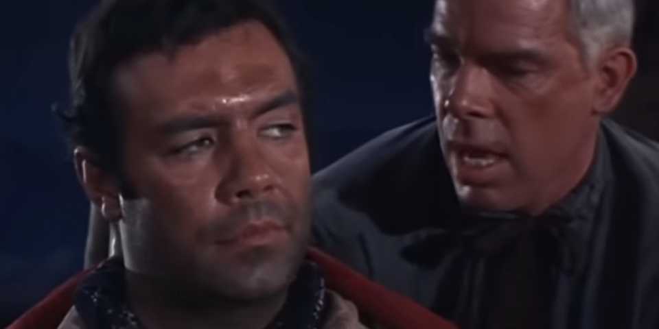 Adam Cartwright (Pernell Roberts) is tied up by Peter Kane (Lee Marvin) in the 'Bonanza' episode "The Crucible"