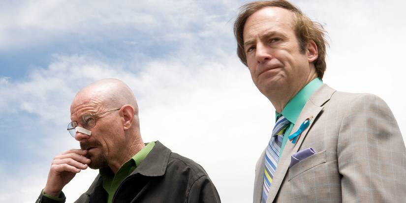 Breaking Bad's Bryan Cranston and Bob Odenkirk stand against a blue sky