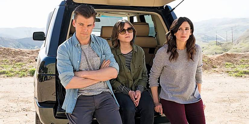 A promo photo for Casual Season 4: Alex Cole standing with Valerie and Laura Meyers in front of the open back of a van