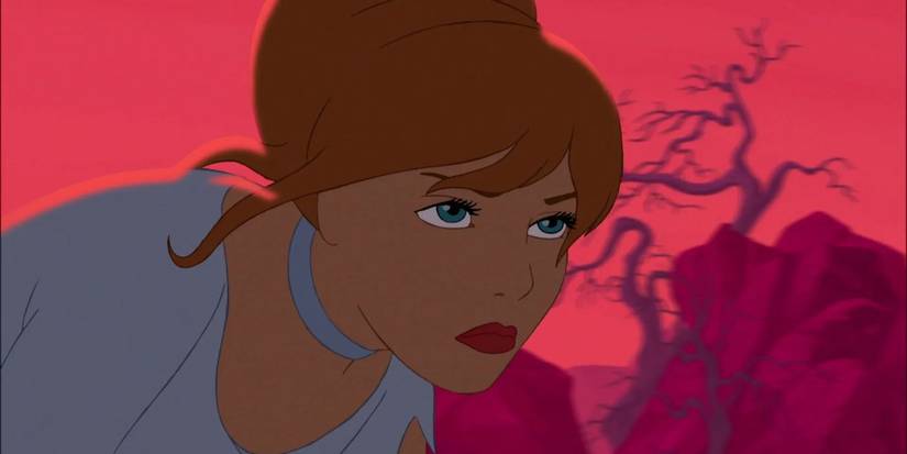 Cinderella in a ripped dress against a red sky