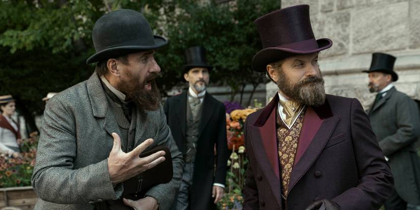 Matthew Macfadyen as Charles Guiteau talking to Shea Whigham as Roscoe Conkling in Death by Lightning
