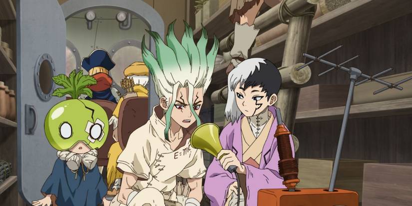 Senku and the gang listening to a device in Dr. Stone