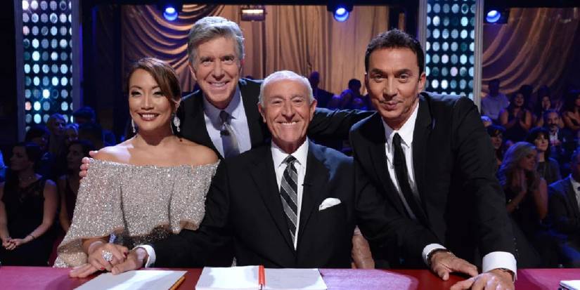 Tom Bergeron with judges Carrie Anne Inaba, Len Goodman, and Bruno Tonioli on 'Dancing with the Stars.'