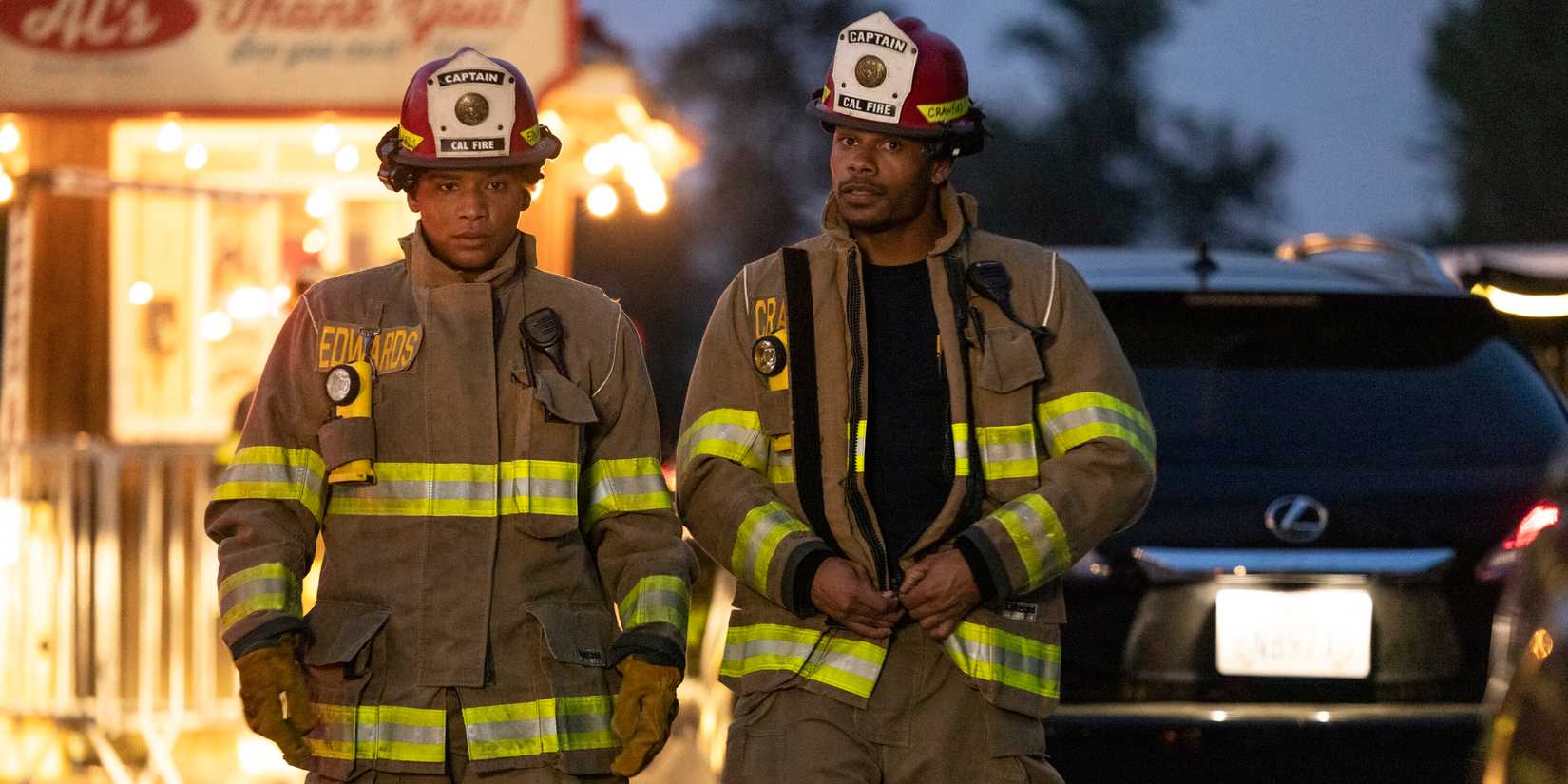 Jules Latimer as Eve and Jordan Calloway as Jake on Fire Country