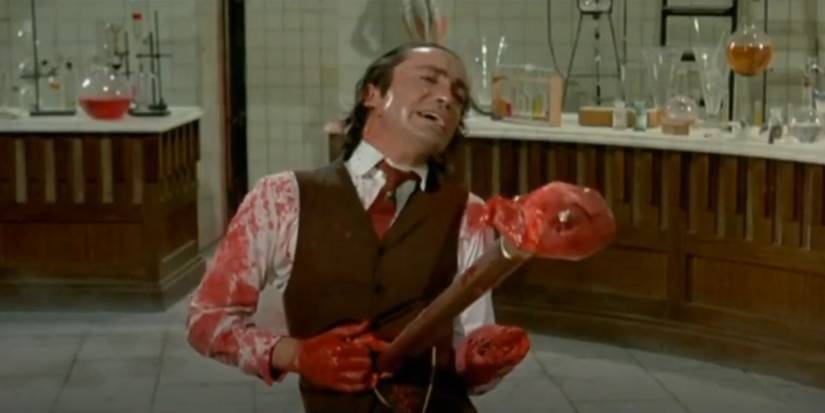 Udo Kier covered in blood in Flesh for Frankenstein