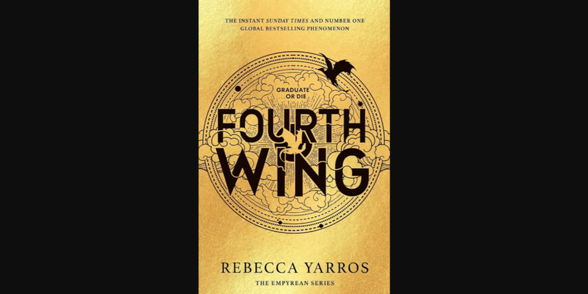 Small dragons amid scrollwork on the cover art for Fourth Wing by Rebecca Yarros.